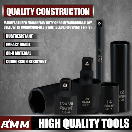 AMM 3/8" Drive Impact Socket Set, 48-Piece Standard SAE (5/16 to 3/4 inch) and Metric (8-22mm) Size, 3" and 6" Drive Extension Bar, Impact Universal Joint, 3/8" to 1/2" Impact Adaptor, CR-V - size: 3/8" Impact Socket Set