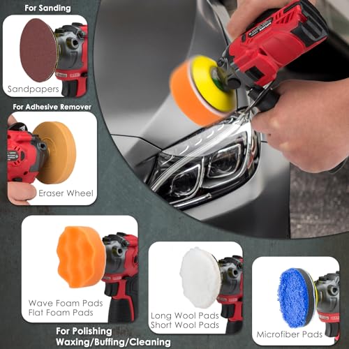 Cordless Buffer Polisher, 12V Mini Wax Buffer & Sander with 2 X 2.5Ah Battery & Charger, 1/2/3" Backing Plate, 40pcs Polishing Pads, Variable Speed for Car Detailing/Buffing/Sanding/Waxing