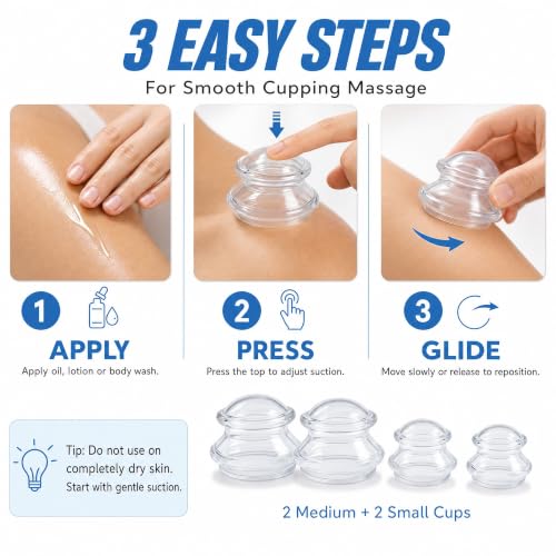 ELERA Silicone Cupping Set for Face & Body, 4 Pcs Facial Cupping Therapy Kit, Lymphatic Drainage Tool & Fascia Massage Cups for Neck, Shoulder & Muscle Pain Relief (2 Medium, 2 Small) - style: 4 Cups (M S size)