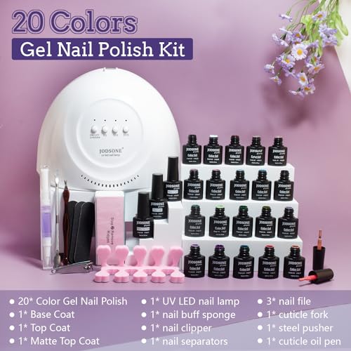 JODSONE 20 Colors Gel Nail Polish Kit with U V Light Base Top Matte Coat High Shine Vibrant Nail Gel Equipped with Manicure Tools - color: KIT-15