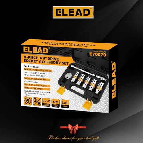 ELEAD 8-Piece 3/8" Drive Spark Plug Socket Set with Universal Joint, Spark Plug Gapper and 6" Extension Bar, SAE & Metric, 5/8", 3/4", 13/16", 14mm, 18mm, CR-V Sockets with Rubber Holding Rings - size: 8-Piece Spark Plug Socket Set