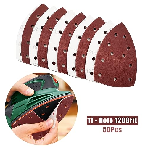 50 PCS Mouse Detail Sander Sandpaper, 120 Grit Palm Sander Sandpaper 11 Holes Hook and Loop Sander Pads Triangular Sanding Sheets Abrasive Sanding Paper for Mouse Sander - size: 120 Grit