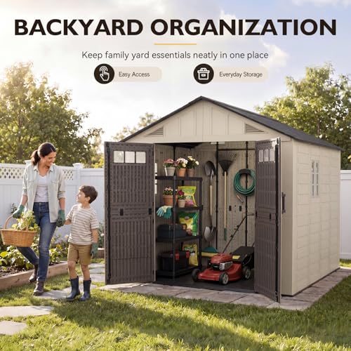Aoxun 8x10 Ft Outdoor Storage Shed with Floor, Large Resin Outdoor Shed with Lockable Door & Windows, Garden HDPE Sheds for Lawn Tools, Pool Supplies & Bikes - size: 8x10