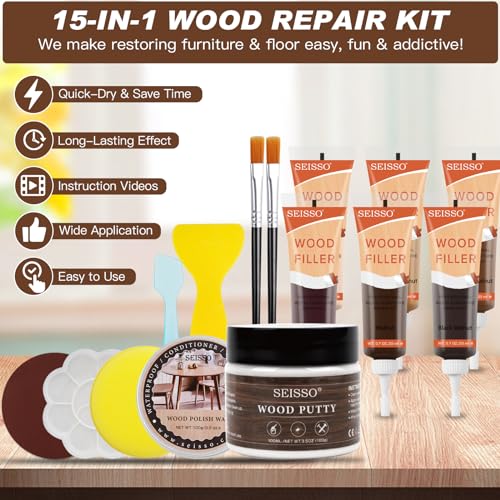 Wood Furniture Repair Kit, 6 Colors Wood Filler Hardwood Laminate Vinyl Floor Repair Kit, with Wood Putty, Wood Polish Wax for Hole, Scratch, Crack, Stain (Walnut Wood 15Pcs) - color: Walnut Wood 15 Pcs