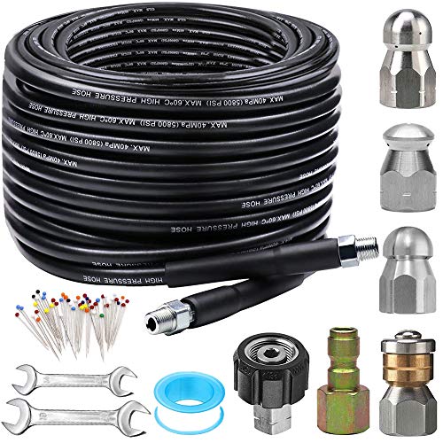 Sewer Jetter Kit for Pressure Washer 100FT, 5800PSI Drain Cleaner Hose 1/4 Inch NPT Corner, Rotating and Button Hose Sewer Jetting Nozzle Pearl Corsage Pin Waterproof Tape with 2 Spanner - color: 100FT