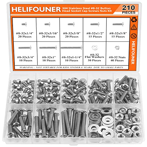 HELIFOUNER 210 Pieces #8-32 x 1/4" 5/16" 3/8" 1/2" 5/8" 3/4" 1" 1-1/4", Button Head Socket Cap Screws Bolts Washers Nuts Kit, Coarse Thread, Fully Machine Threaded, 304 Stainless Steel - size: #8-32, style: Button Head