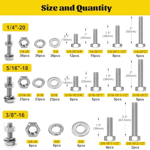 260PCS 1/4-20, 5/16-18, 3/8-16 Hex Bolts Assortment Kit,304 Stainless - size: SS 1/4-20 5/16-18 3/8-16 260pcs