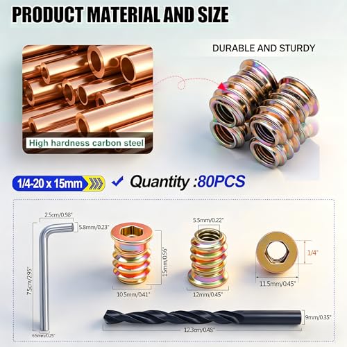 Twidec/80PCS 1/4"-20 Threaded Inserts for Wood Furniture Screw-in Nut Wood Inserts Bolt Assortment Kit with M6 Hex Wrench (1/4"-20 x15mm) N-059 - size: 1/4"-20 x 15mm (80 PCS)