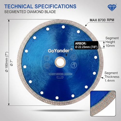 GoYonder Tile Blade 7 Inch, Super Thin Diamond Saw Blade for Cutting Porcelain Tiles, Granite Marble Ceramics (7"-Blue) - size: 7"