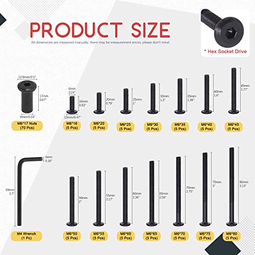 Hilitchi M6 Hex Drive Socket Cap Bolts Kit Countersunk Head Screws Bolts Dowel Barrel Nuts Crib Bolts Nuts Assortment Kit for Furniture Hardware Fitting (16-80mm Assortment Kit-140PCS)