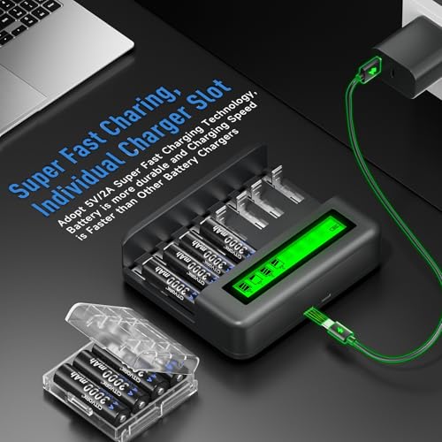 CITYORK 4 Pack 10000mAh Rechargeable D Batteries with Charger, 8 Bay LCD Universal Battery Charger for 1.2V AA AAA C D Ni-MH/Ni-CD Rechargeable Batteries, USB Quick Charge