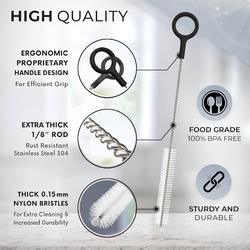 Buenalife Heavy Duty Cleaning Brushes Set of 4 - Extra Long Straw Cleaners for Metal and Plastic Reusable Drinking Straws, to Clean Small Spaces, Sippy Cups, Water Bottles - Sturdy Hard Brush Bristles - color: Black
