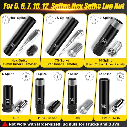 Topec 11PCS Master Lug Nut Key Set - 5, 6, 7, 10, 12 Spline Lug Nut Socket Set, Wheel Lock Removal Kit for Spline, Spike and Hex Style | Upgraded Reinforced Socket - size: 11 piece