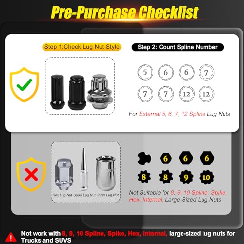 Topec 8Pcs Spline Lug Nut Socket Set | 5, 6, 7, 12 Spline Locking Lug Nut Key, Universal Wheel Lock Removal Kit, Wheel Lock key Set for Car, CR-MO Steel (Not for Hex, Deep, Large-Size, and 10-Spline) - size: 8 piece