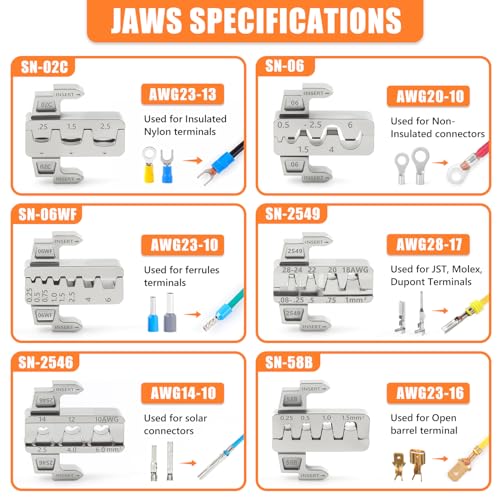 Wire Crimping Tool Kit 7Pcs Ratchet Wire Crimper for Insulated Nylon Connector,Non-Insulated Butt Connectors Ring Terminals,Open Barrel Terminals,Solar Connectors - Crimp Tool with 6 Dies