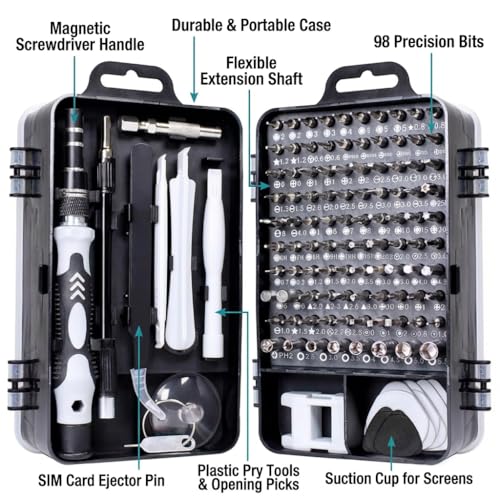 115-in-1 Precision Screwdriver Set, Professional Magnetic Electronics Repair Tool Kit with 98 S2 Steel Bits, Mini Screwdriver Kit for Laptop, Computer, Gaming Consoles, Watch & Glasses Repair