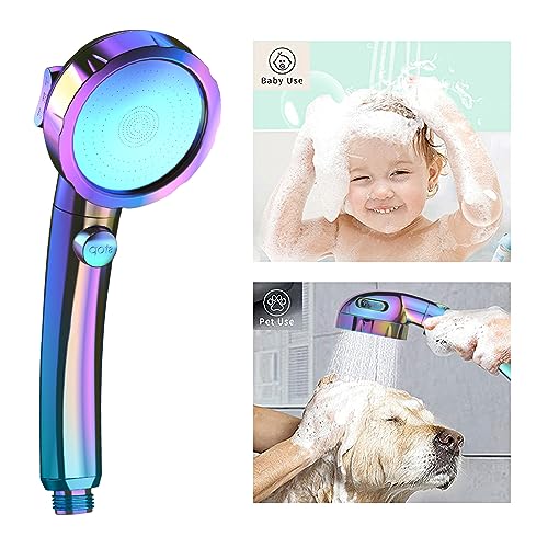 KAIYING Drill-Free High Pressure Handheld Shower Head with ON/OFF Switch, 3 Spray Modes - Polished Finish, Shower Head (Radiant Rainbow) + Bracket + Hose - color: Radiant Rainbow