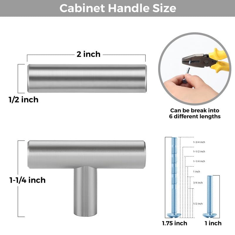 3 Pack Brushed Nickel Cabinet Knobs, 2in Length T Bar Drawer Pulls | Single Hole Grip, Stainless Steel Build, Kitchen Cabinet Restyle, For Drawers, Dressers, Cupboards, Closet Doors - color: Brushed Nickel, size: 3 Pack, style: T Bar