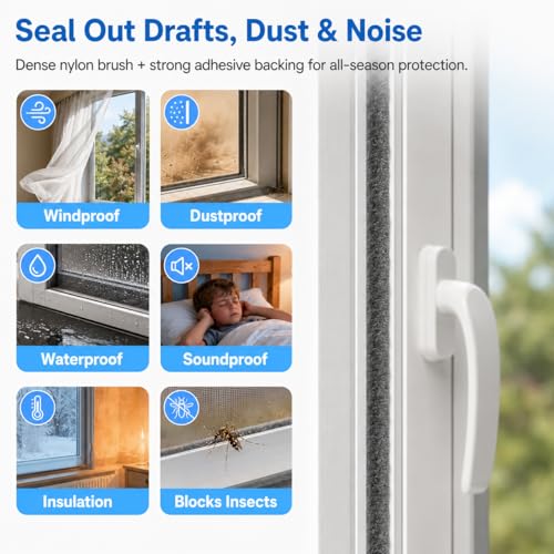 Brush Weather Stripping, Self-Adhesive Pile Door Seal Strip for Sliding Doors and Windows, Felt Weatherstrip Draft Stopper, Soundproof Dustproof Window Gap Seal, Gray, 40FT - size: 0.35" X 0.35" (40FT)