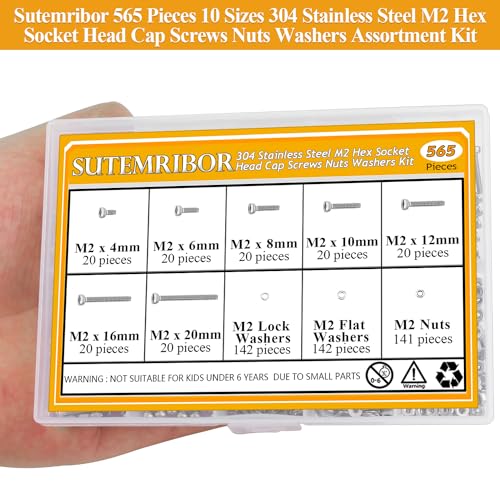 565 Pieces M2 Screws Nuts Washers Set, Sutemribor M2 x 4/6/8/10/12/16/20mm Hex Socket Head Cap Screws Nuts Washers Assortment Kit, 304 Stainless Steel, Fully Threaded - size: M2, style: Socket Head
