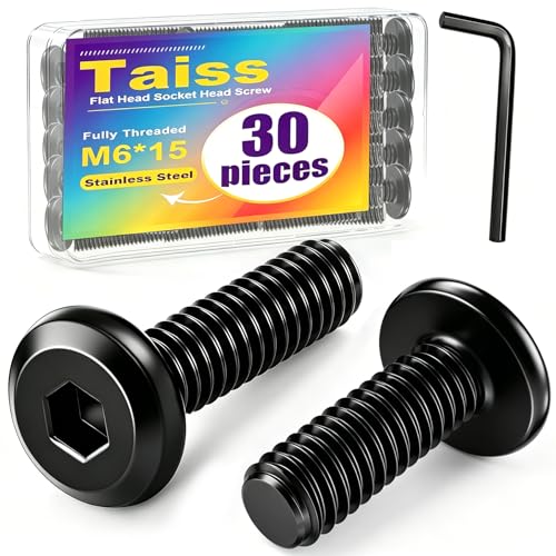 Taiss 30pcs M6 x 15mm Flat Head Socket Head Screw Furniture Bolts,Furniture Screws Stainless Steel 18-8(304),M6 Bolts Black Zinc Plated Fully Threaded,Countersunk Connector M6 Screws with Hex Spanner - size: 30PCS M6x15mm