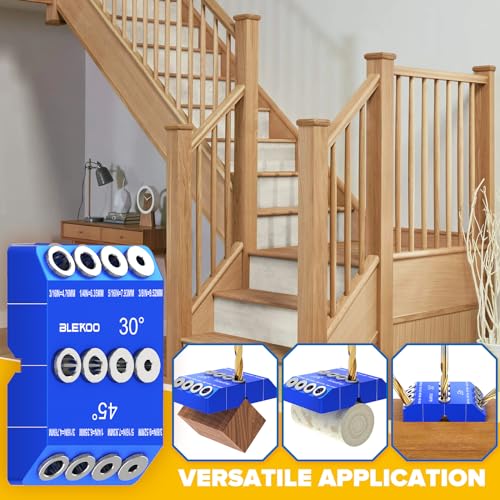 BLEKOO Blue Angled Drill Guide Jig with 4 Bits for Wood Posts & Cable Railing Lag Screw Kit, Durable All Metal Drill Jig for Drilling 30°, 45°, 90° Degree Angle Holes - color: Blue
