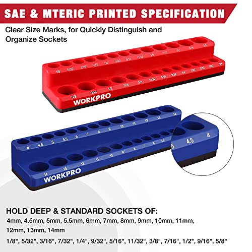 WORKPRO 1/4-inch Magnetic Socket Organizer Set, 2-Piece SAE & Metric Socket Holders, Holds 52 Standard and Deep Sockets for Tool Box, Tool Carts (Sockets Not Included) - size: 1/4" SAE&Metric