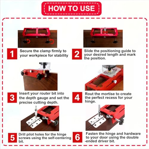 Door Hinge Template Aluminum Alloy, Door Hinge Jig Kit for Router, Hinge Router Template, Adjustable Mortise Jig Fits Door Hinges from 2.5” to 5” Length, 1/4” & 5/8” Radius, Square Corner