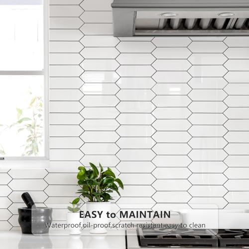 Vamos Tile Glossy White Backsplash Tile Peel and Stick, 12.8 x 12.8 Inch 10 Sheets Long Hexagon PVC Self Adhesive Mosaic Wall Tiles Stick on Backsplash for Kitchen and Bathroom - color: Glossy White with Dark Gray Grout