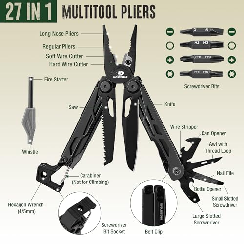 MOSSY OAK 27-in-1 CNC-Machined Multitool Pliers, Self-Locking - color: Black