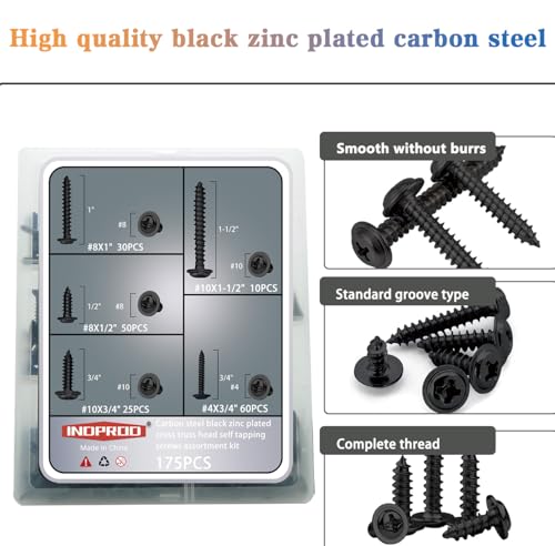#4# 8#10 Phillips Truss Head Black Wood Screws Assortment Kit 175PCS, Black Zinc Plated Steel, Modified Truss Head, Self Tapping Screws for Wood, Drywall, Plastic (1/2", 3/4", 1", 1-1/2") - size: #4 #8 #10 Kit