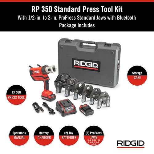 RIDGID 67053 RP 350 ProPress 8-Piece Pressing Tool Kit with 18-Volt Battery, Charger, 4 ProPress Press Tool Jaws (1/2" to 2"), and Case - style: Battery Kit W/ProPress Jaws (1/2" - 2" Jaws Capacity)