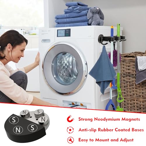 MUTUACTOR Heavy Duty Magnetic Broom Holder, 1PCS Mounting Broom and Mop Hanger, Anti-slip Black Magnetic Tool Holder 3 Slots and 4 Hooks for Fridge, Metal Door, Garage, Work Station - style: Heavy Duty,Black,3 Hooks 4 Slots