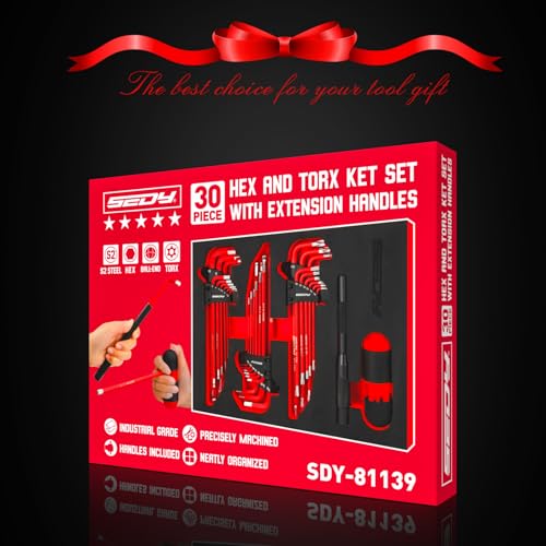 SEDY 30-Piece Long Arm Ball End L-Hex & Torx Key Set with Grip Handle, Ultimate Hex Key Wrench Set with T-Handle and Extension Bars, SAE 1/16" to 3/8", Metric 1.5mm to 10mm, Torx T10 to T50 - style: 30-Piece Set (with T-Handle)