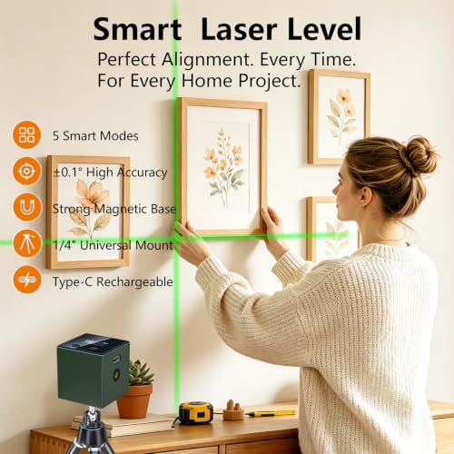 5-in-1 Digital Laser Level with Tripod, Magnetic Base & USB Rechargeable, Mini Angle Finder & Protractor, ±0.1° High Precision Cross Line Laser, Green/Red Beam for Picture Hanging,Tiling & DIY - color: Dark Green