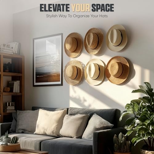 Modern JP Adhesive Hat Hooks for Wall (6-Pack) - Cowboy Hat Rack, Wide Brim Hat Organizer, Strong Hold Hat Hangers for Wall - Black - color: Black