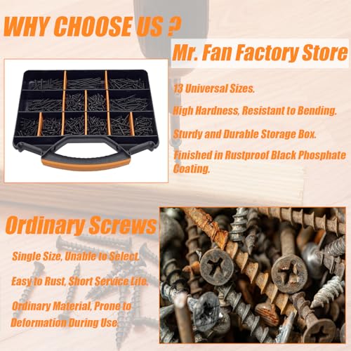 1000PCS Wood Screws Assortment Kit, Drywall Screws, Assorted Wood Screws, Phillips Flat Head Wood Screws, Screws Assortment, 13 Sizes (2-3/4'', 2'', 1-1/2'', 1-1/4'', 1'', 3/4'', 5/8'') - size: 13 Sizes - 1000PCS