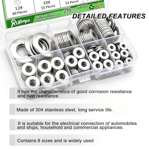 270 PCS 304 Stainless Steel Flat Washers Assortment Kit 8 Size-1/2 3/8 5/16 1/4 12# 10# 8# 6# 304 Stainless Steel Flat Washers for Screws Bolts - size: SAE-270PCS, style: Flat Washers
