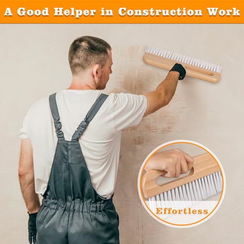 Concrete Brush with Wood Handle, Multi-Purpose Wallpaper Smoothing Tool for Tile Grout Scrubbing, Masonry and Paste Application