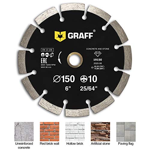 6 Inch Diamond Blade for Angle Grinder — Diamond Cutting Wheel for Cutting Stone, Marble, Granite, Brick, Masonry, Paving Flag, Concrete — Diamond Saw Blades Segment Height 0.394” (10 mm) — GRAFF - size: Ø 6 Inch Segment, style: Diamond Segment Blades