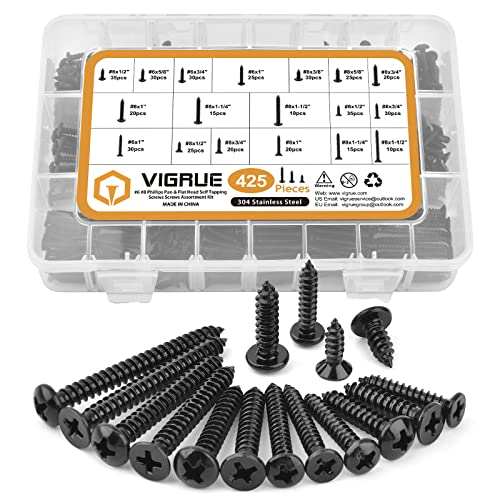 VIGRUE 425PCS #6#8 Black Wood Screw Set, Black Oxide 304 Stainless Steel Phillips Pan and Flat Head Self Tapping Screws Assortment Kit, Length 1/2" to 1-1/2" - style: 425PCS #6#8 Pan Head & Flat Head