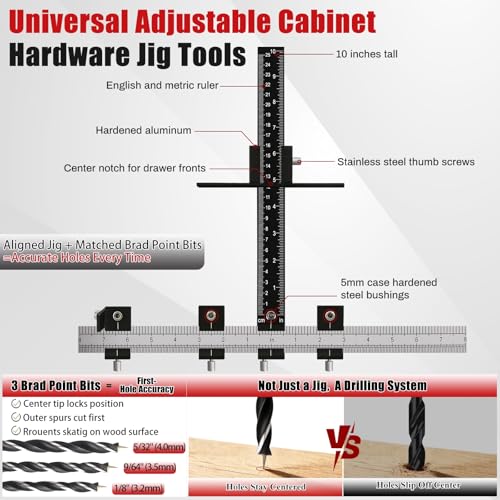 Cabinet Hardware Jig, Cabinet Handle Jig with Center Punch and Drill Bits | Aluminum Adjustable Drill Guide Template Tool for Door, Drawer Handles and Pulls