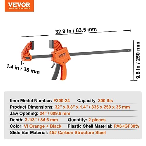 VEVOR Bar Clamps for Woodworking, 2-Pack 24" One-Handed Clamp/Spreader, Quick-Change F Clamp with 300 lbs Load Limit, High-strength Plastic and Carbon Steel, Wood Clamps for Woodworking Metal Working - size: 24"(2 Pack), style: Quick Grip
