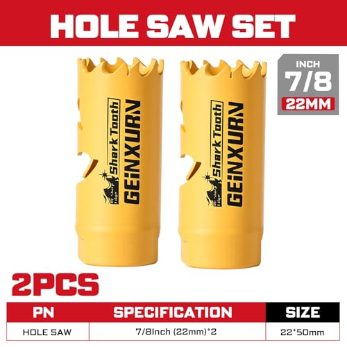Geinxurn 7/8 Inch(22mm) Hole Saw, 2PCS HSS Bi-Metal Hole Saw Kit with Shark Tooth Hole Cutter for Wood,Drywall, PVC Boards and Thin Metal - color: 2 PCS 7/8"