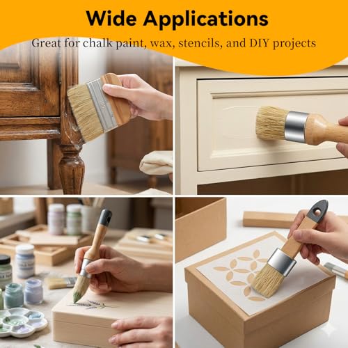 5 Pack Natural Bristle Chalk Wax Brush, Brushes for Furniture | Wooden Handles, Multi-Size Paint Brushes Apply Chalk & Milk Paint for Furniture Refinishing, Waxing, DIY Craft - size: 1 Large, 3 Small, Paddle Brush