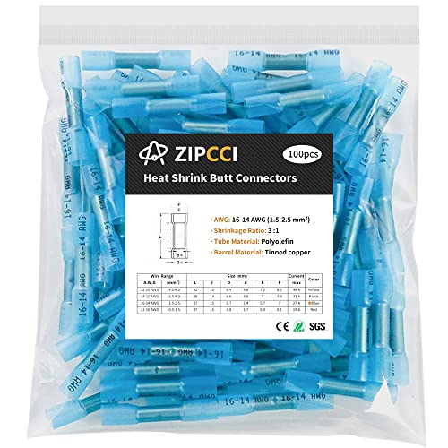 16-14 AWG Heat Shrink Butt Connectors - 100Pcs Blue Insulated Waterproof Electrical Marine Automotive Wire Splice Connector Crimp Wiring Terminals - size: AWG 16-14