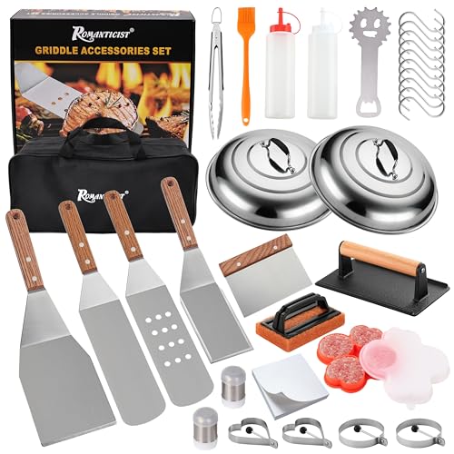 ROMANTICIST 132PC Professional Griddle Accessories Kit - Heavy Duty Stainless Steel Grill Spatula Set for Grill Griddle Hibachi Flat Top Outdoor Cooking - Great Grill Gift on Birthday Wedding - style: 132pcs Griddle Accessories Kit