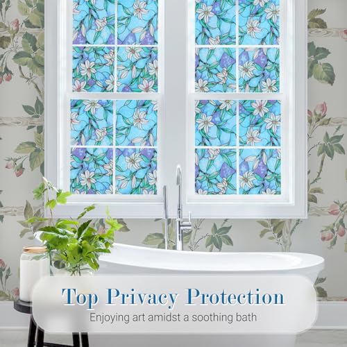 rabbitgoo Stained Glass Window Privacy Film, Blue Lily, 17.5" X 78.7" | Anti UV Heat Blocking Frosted Glass Static Cling Removable, for Bathroom, Bedroom, Living Room - color: Blue Lily, size: 17.5" x 78.7"