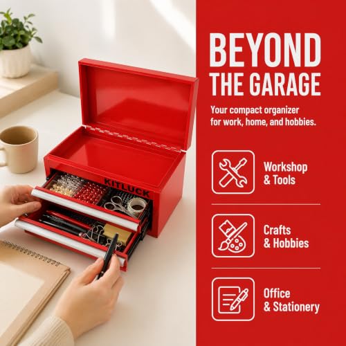 KITLUCK Mini Metal Tool Box, 2-Drawer Top Chest with Ball Bearing Slides, PVC Linerst, Durable Cold Rolled Steel Small Tool Organizer for DIY Home Office Multi-Purpose Storage,Red - color: RED