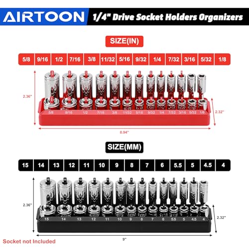 1/4-Inch Drive Socket Organizer Trays, 2-Piece SAE and Metric Socket Tray Set, Deep and Standard Socket Holders Organizers for Toolbox, Black & Red - size: 1/4-Inch Drive SAE and METRIC